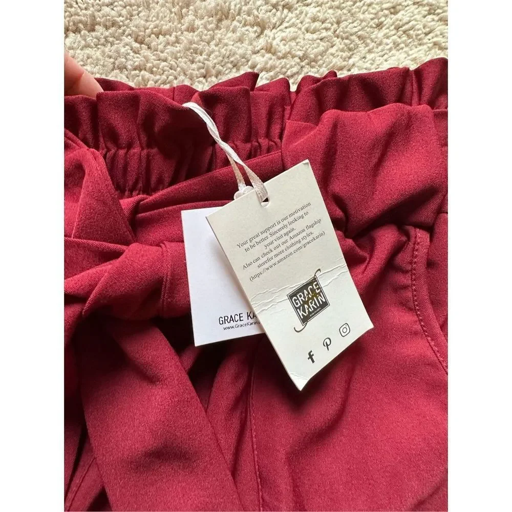 Grace Karin NWT High Waisted Paper-bag Trousers Cabernet - Picture 3 of 8